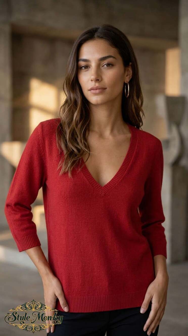 French Connection V-Neck Sweater Size M Red Metallic Pullover